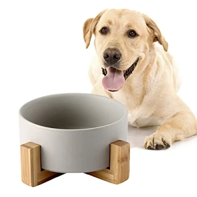 Afbeelding van SPUNKYJUNKY Voer , en drinkbak van keramiek met standaard bamboe voor katten honden (850 ml, grijs 1)