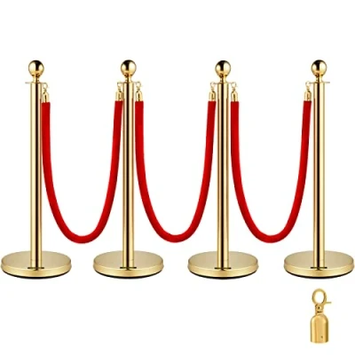 Image de VEVOR Lot de 4 poteaux barrière en Acier Inoxydable avec tête sphérique, 3 Cordes Velours Rouge, Colonne dorée GLZJS1.5M3GHRS4JT