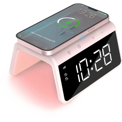 Afbeelding van Caliber Digitale Wekker met Draadloze Oplader Wake Up Light Klok Dimbaar Twee Alarmen geschikt als kinderwekker Nachtlamp Kleur Roze (HCG019QI PI)