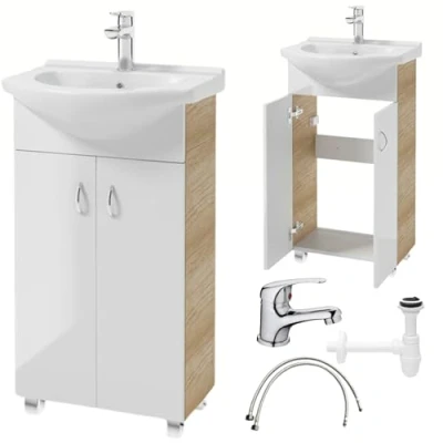 Afbeelding van Deftrans Domodomo Badkamerkast met wastafel, 80 x 50 26 cm, wit, keramische wastafelmeubel, vrijstaande kast voor kleine badkamer, wit en eiken, wastafelarmatuur