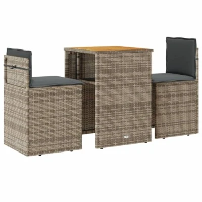 Afbeelding van 3 delige Bistroset met kussens poly rattan grijs