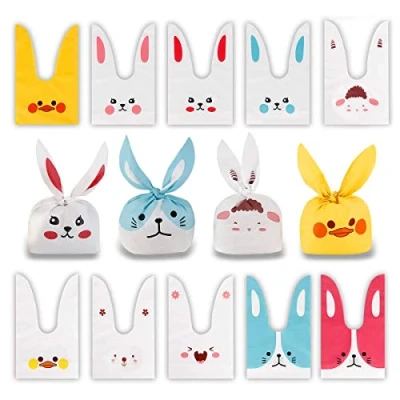 Afbeelding van 60 stuks plastic geschenkzakjes met schattige afbeelding van konijnenoren voor koekjesbakkerij, snoep, koekjes, opslag, feest /geschenkzakjes