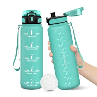 Afbeelding van Gourde, 1000ML Sans BPA, Gourde sport, Conception de Verrouillage Anti Fuite, Bouteille, Avec Horodatage, Bouteille Eau pour École, Yoga, En cours d&#039;exécution, Escalader Des Montagnes BleuVert