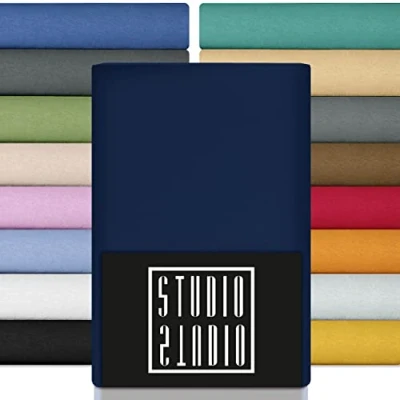 Afbeelding van STUDIO basic hoeslakens, set van 2, 90 x 200 cm, 100% gekamd katoen, Oeko Tex 100 gecertificeerd, merkkwaliteit, laken 200, tot 25 cm hoogte, donkerblauw