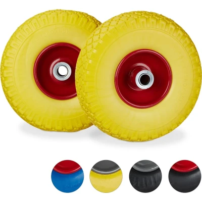 Afbeelding van Relaxdays steekwagenwiel set van 2 stuks rubberband bolderkar 100 kg stalen velg Geel rood