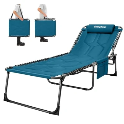 Afbeelding van KingCamp XL Zonnebed van dik katoen, 5 standen, verstelbaar, kantelbaar, opvouwbaar, met gevoerd kussen, maximale belasting 150 kg, campingbed, voor terras, tuin, strand, vissen, 200 x 68