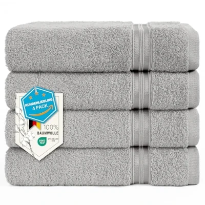 Afbeelding van Hammetex Set van 4 handdoeken, 100% katoen, premium kwaliteit, grote 50 x 100 cm, zacht, absorberend en sneldrogend, lichtgrijs