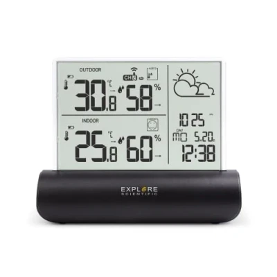 Afbeelding van Explore Scientific WSH4501 Weerstation met transparant glazen display, barometrische druk, temperatuur en luchtvochtigheid binnen buiten, inclusief sensor, zwart