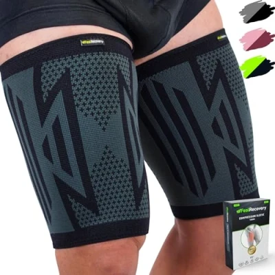 Afbeelding van 2 stuks dijbeencompressiemouwen voor dames en heren, dijondersteuning ter verlichting van pijn in de knie, quadriceps lies, spierspanning, krampen hardlopen, ademend antislip (zwart, L)