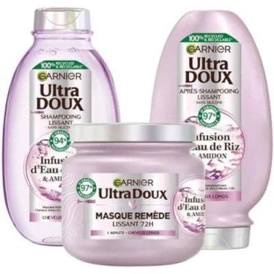 Afbeelding van Garnier Ultra zacht routine set gladmakende zachtheid en glans met infusie van rijstwater voor weerbarstig haar shampoo, conditioner masker