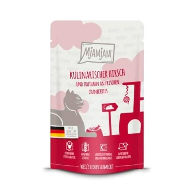 Afbeelding van 12x 125g MjAMjAM Culinair hertenvlees en kalkoen op verse veenbessen Nat Kattenvoer