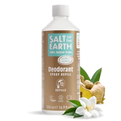 Afbeelding van Natural Deodorant Spray Refill by Salt of the Earth, Ginger &amp; Jasmine Veganistisch, Langdurige bescherming, Leaping Bunny Approved, Made in UK 500 ml