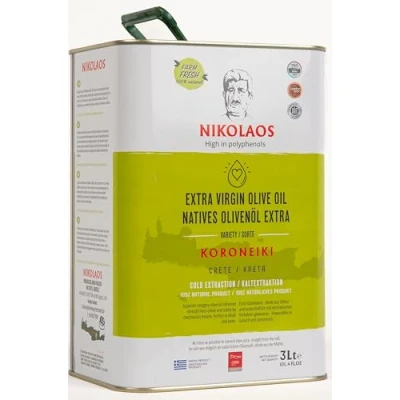 Image de Huile d&#039;olive 3L de Crète, Grèce &quot;Nikolaos&quot; qualité premium Extra vierge, première pression à froid, faible acidité Riche en polyphénols Nouvelle récolte 20242025 DDM : sept.nov. 2026