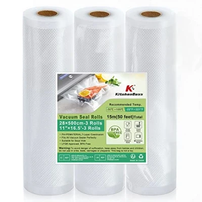 Afbeelding van KitchenBoss vacuümzak voor levensmiddelen: vacuümrol levensmiddelen, geschikt vacuümapparaat, wafelvacuümzakken, BPA vrij, 3 rollen 28 x 500 cm