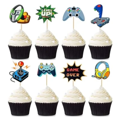 Afbeelding van Set van 8 taartdecoraties met speelthema, Happy Birthday cupcake toppers, voor jongens en meisjes, babyshower benodigdheden