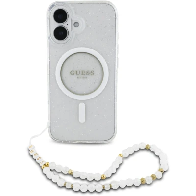 Afbeelding van Guess Hoesje Geschikt voor iPhone 16 Pro Max Met Koord MagSafe IML Case with beads strap transparant