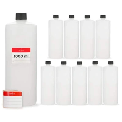 Afbeelding van Octopus 10 x kunststof flessen van 1000 ml, HDPE, 1 liter ronde met zwarte schroefdoppen of deksel, lege 25 mm schroefdraad, etiket inbegrepen