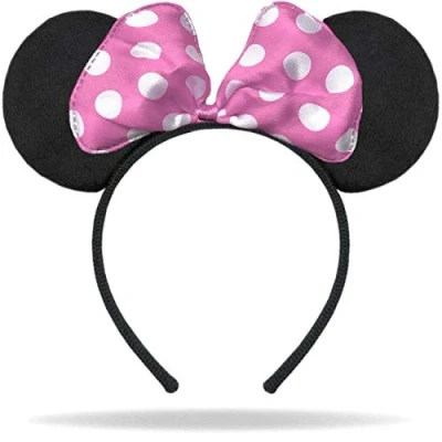 Afbeelding van Hatstar Haarband met muisoren in zwart, roze strik witte stippen, haaraccessoires voor kinderen en volwassenen, hoofdsieraad dames meisjes, kostuumaccessoires carnaval