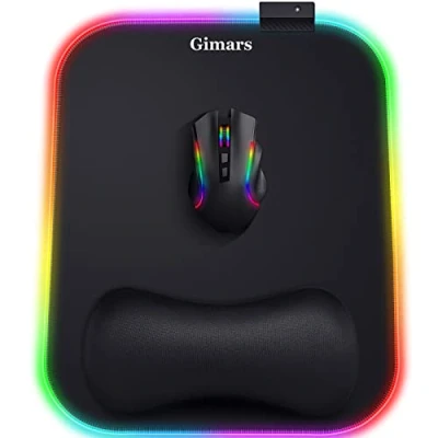 Afbeelding van Gimars muismat, RGB Gaming Mousepad, ergonomisch, met 10 leds, lichtmodi, 305 x 254 mm, XL, polssteun gel antislip rubberen basis, lycra stof voor gamers