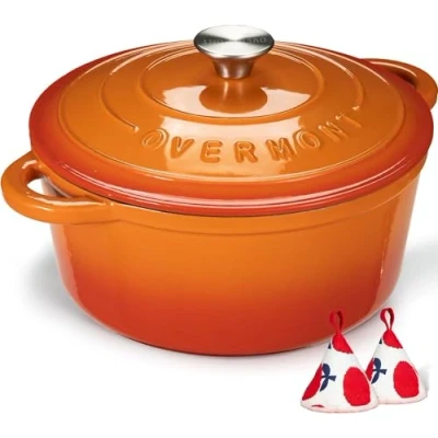 Image de Overmont Cocotte ronde en fonte émaillée de 5 L avec couvercle et maniques coton Batterie cuisine antiadhésive pour braiser, ragoûts, rôtir, cuire du pain Orange, 26 cm