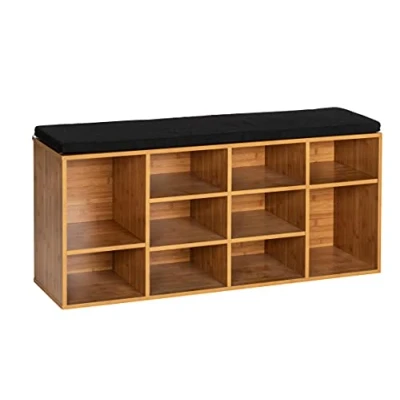 Afbeelding van WENKO Entreebank, houten schoenenopbergbank met stoffen zitting, loft, 103 x 48 29,5 cm, tot 10 paar schoenen