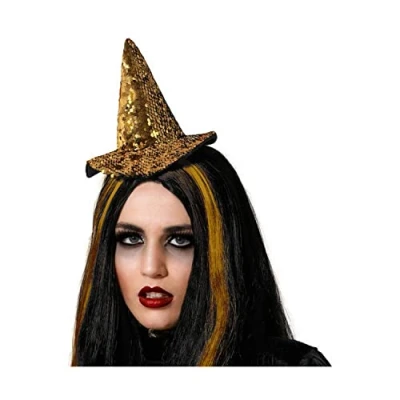 Afbeelding van Halloween heksenhoed mini hoedje op diadeem one size goud glitter meisjes/dames