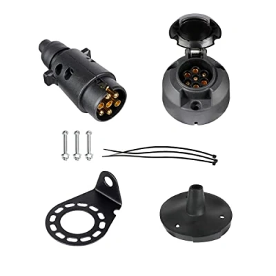 Afbeelding van BEIJISTAR Stekkerset en stopcontact, 7 polig, met rubberen afdichting metalen montagebeugel, 12 V, waterdicht, connector voor aanhanger, mannelijk vrouwelijk, caravan, auto, camper, boot