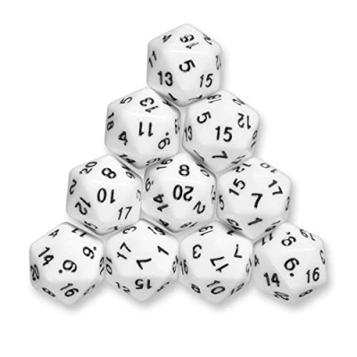 Afbeelding van Set van 10 veelvlakkige dobbelstenen W20 voor rollenspellen en tafelspellen (wit)