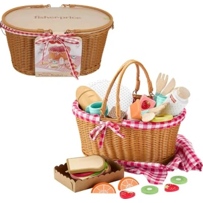 Afbeelding van Fisher Price HXT81 Picknickmand van hout voor rollenspellen, 31 delig, hout, kleuters vanaf 3 jaar