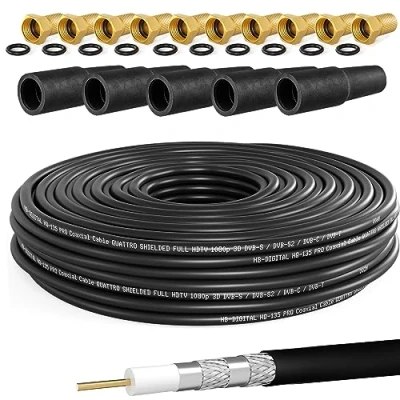 Afbeelding van HB DIGITAL 50 m SAT coaxkabel HQ 135 PRO met 5 rubberen hulzen + 10 gratis vergulde F stekkers, satellietantennekabel, viervoudig afgeschermd, voor DVB S/S2 C/C2 installaties