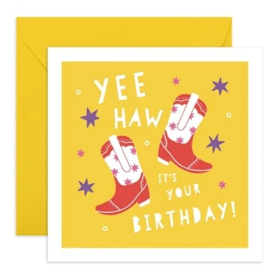 Afbeelding van CENTRAL 23 Western verjaardagskaart, Yeehaw It&#039;s Your Birthday, cowboylaarzen, wenskaarten voor oom, tante, papa, opa, levering met grappige stickers