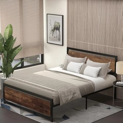 Afbeelding van HOMCOM Bedframe voor tweepersoonsbed van staal met lattenbodem en hoofdeinde, geschikt matras, 200 x 160 cm, donkerhoutlook