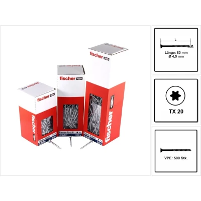Afbeelding van Fischer Power Fast II 670280 Spaanplaatschroeven 4.5 mm 80 Binnen T, Interne vertanding, TX, Torx, T profiel Staal Galvanisch verzinkt 500 stuk(s)