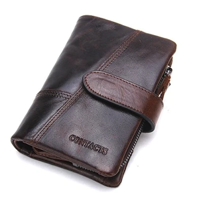 Afbeelding van Contacts Drievoudige portemonnee van echt leer met ritssluiting voor heren, Donkerbruin, één maat, vintage, Vintage stijl