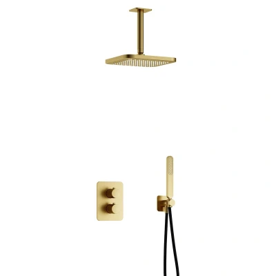Afbeelding van Hotbath Gal Regendoucheset IBS40A Geborsteld Messing PVD Staaf Handdouche 22cm Hoofddouche Plafondbuis 15cm met wandhouder
