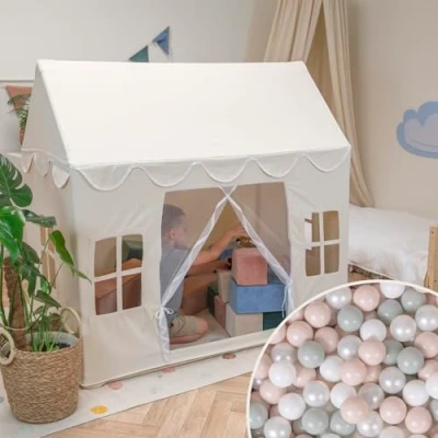 Afbeelding van KiddyMoon Maison de jeu pour enfants avec 200 balles, tente pliable en coton, facile à assembler, utilisation intérieur et extérieur, encourage le créatif