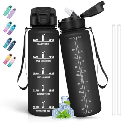 Afbeelding van 1 liter waterfles met rietje, lekvrije gymnastiekwaterfles, sportfles tijdschaal, gemakkelijk te reinigen, drinkfles voor yoga, wandelen, kamperen, fietsen, zwart