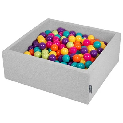 Afbeelding van KiddyMoon Ballenbad voor baby&#039;s, vierkant, diameter 90 cm x 30 hoogte/300 ballen 7 cm, gemaakt in de EU, lichtgrijs: lichtgroen/geel/turquoise/oranje/roze/paars