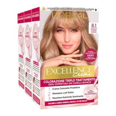 Afbeelding van L&#039;Oréal Paris Excellence Creme Permanente Haarverf, 8.1, lichtblond, asblond, drievoudige behandeling, 3 tinten