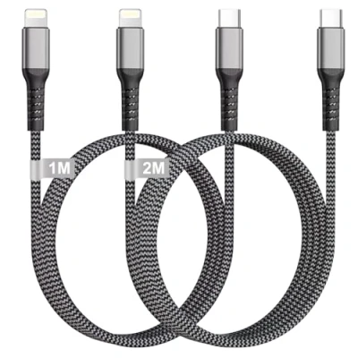Afbeelding van USB C naar Lightning kabel, 1 m + 2 m, stuks [MFi gecertificeerd], iPhone C, snellaadkabel, nylon, oplader voor 14/13/12/11/X/8, iPad, AirPods