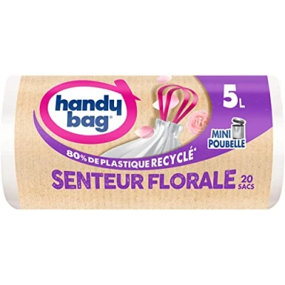 Image de Handy Bag sacs poubelle salle de bains à poignées coulissantes senteur florale 5L x 20 Spécial mini poubelles Étanchéité maximale Fond anti fuite 100% plastique recyclé