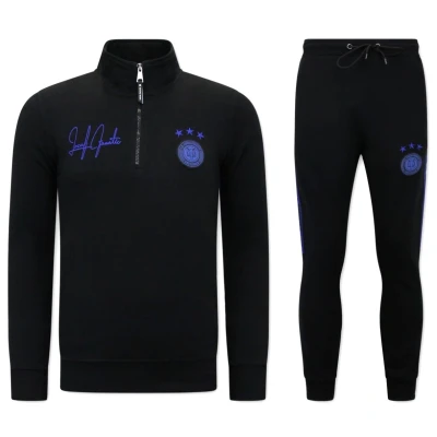 Afbeelding van Heren Joggingspak Half Zipper, Double Ribbon Zwart Blauw Maat M