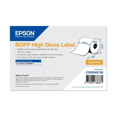 Image de Epson BOPP Haute brillance adhésif permanent en acrylique microporeux blanc Rouleau (20,3 cm x 68 m) 4 rouleau(x) étiquettes continues pour ColorWorks CW C6500Ae, C6500Pe