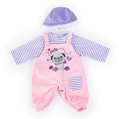 Afbeelding van Bayer Design Kleding 40 46 cm, accessoires voor poppen, tuinbroek, bovendeel en muts, outfit met een mooi hondenmotief, 84683AA, paars, roze