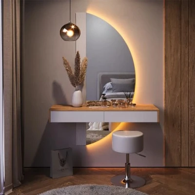 Afbeelding van Vicco Make uptafel set met kruk Melisa, Wit/Eiken, 120 cm LED verlichting en