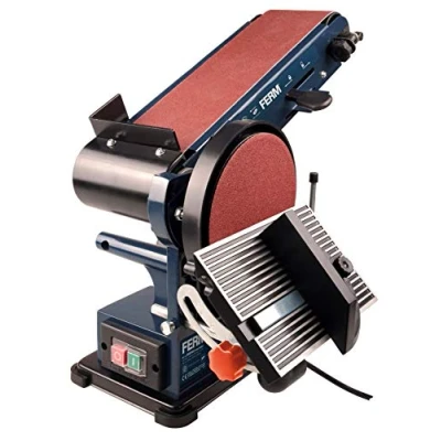 Afbeelding van FERM BGM1022 Tafel Schijf bandschuurmachine 350W 2 meter kabel Band verstelbaar 0 90 Instelbare werktafel met verstekgeleider bij schuurschijf klittenband 45 Inclusief banden + schijven K80 K120