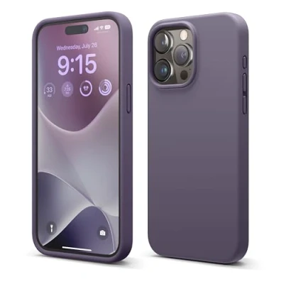 Afbeelding van elago Vloeibare siliconen telefoonhoes compatibel met iPhone 15 Pro Max, integraal beschermend, schokbestendig, zachte krasbestendige microvezelvoering, 17 cm (donker lavendel)