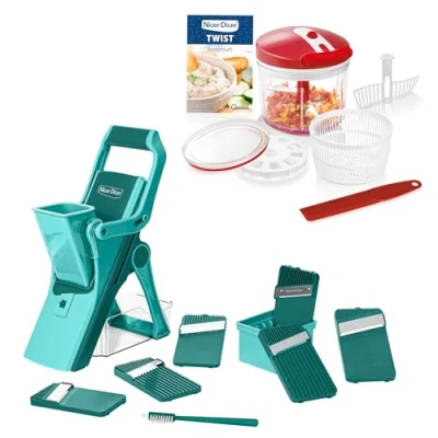 Afbeelding van Genius Nicer Dicer Mando met Twist groentesnijder, 21 delig, handmatige staande mandoline opvangbak, 6 inzetstukken voor uien, aardappelen, friet, salade, slacentrifuge