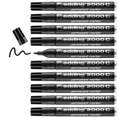 Afbeelding van edding 2000 C permanente marker zwart 10 pennen ronde punt 1,5 3 mm sneldrogend water en veegvast voor karton, kunststof, hout, metaal universele