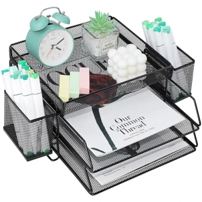Afbeelding van metalen mesh dienbladen voor kantoor, 2 niveaus netbrievenbak, tijdschriftenhouder, bestanden met bovenste schrijfwarenstandaard, bureau organizer school en